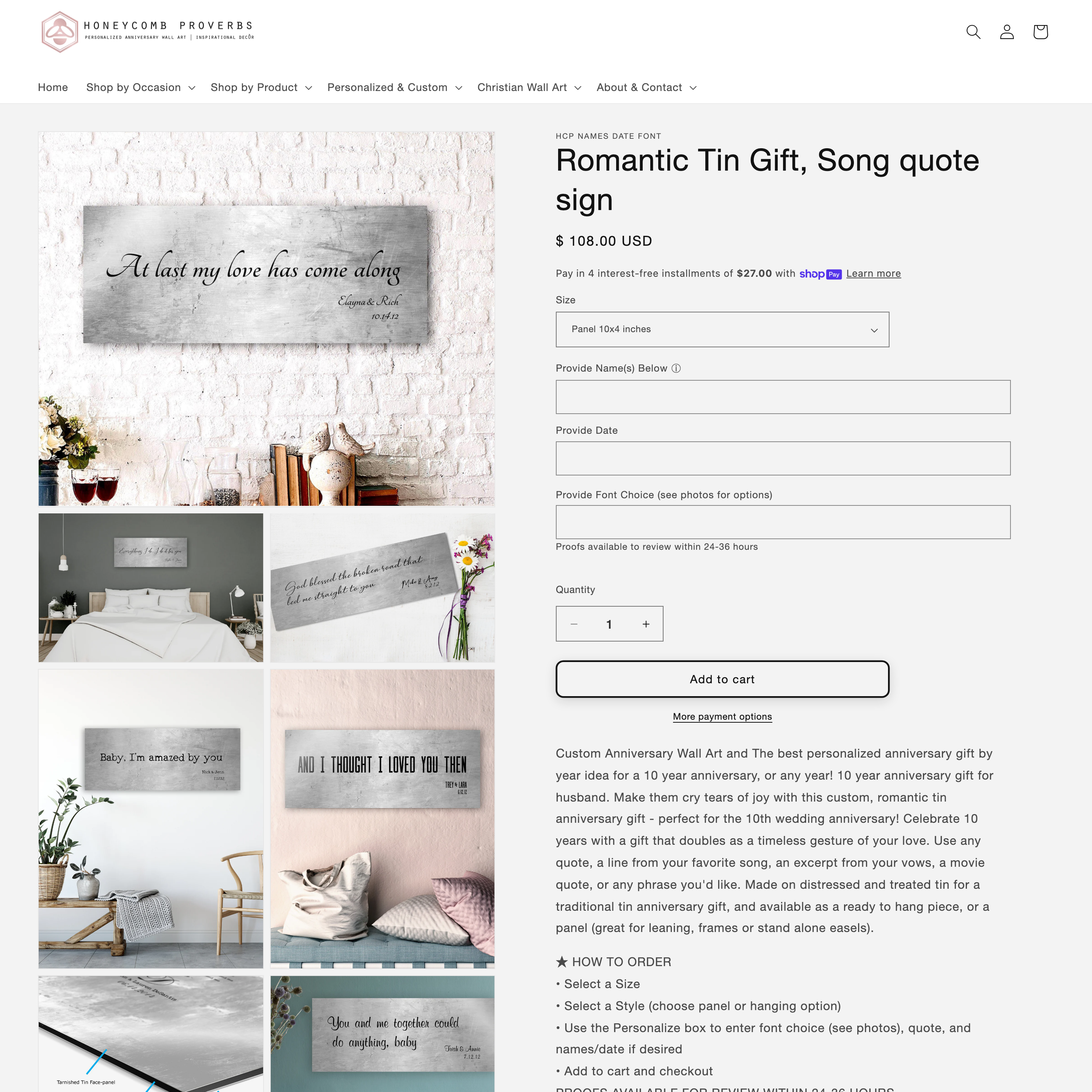 Honeycomb Proverbs Shopify store product customization example — gifts & occasions with gifts and live-preview