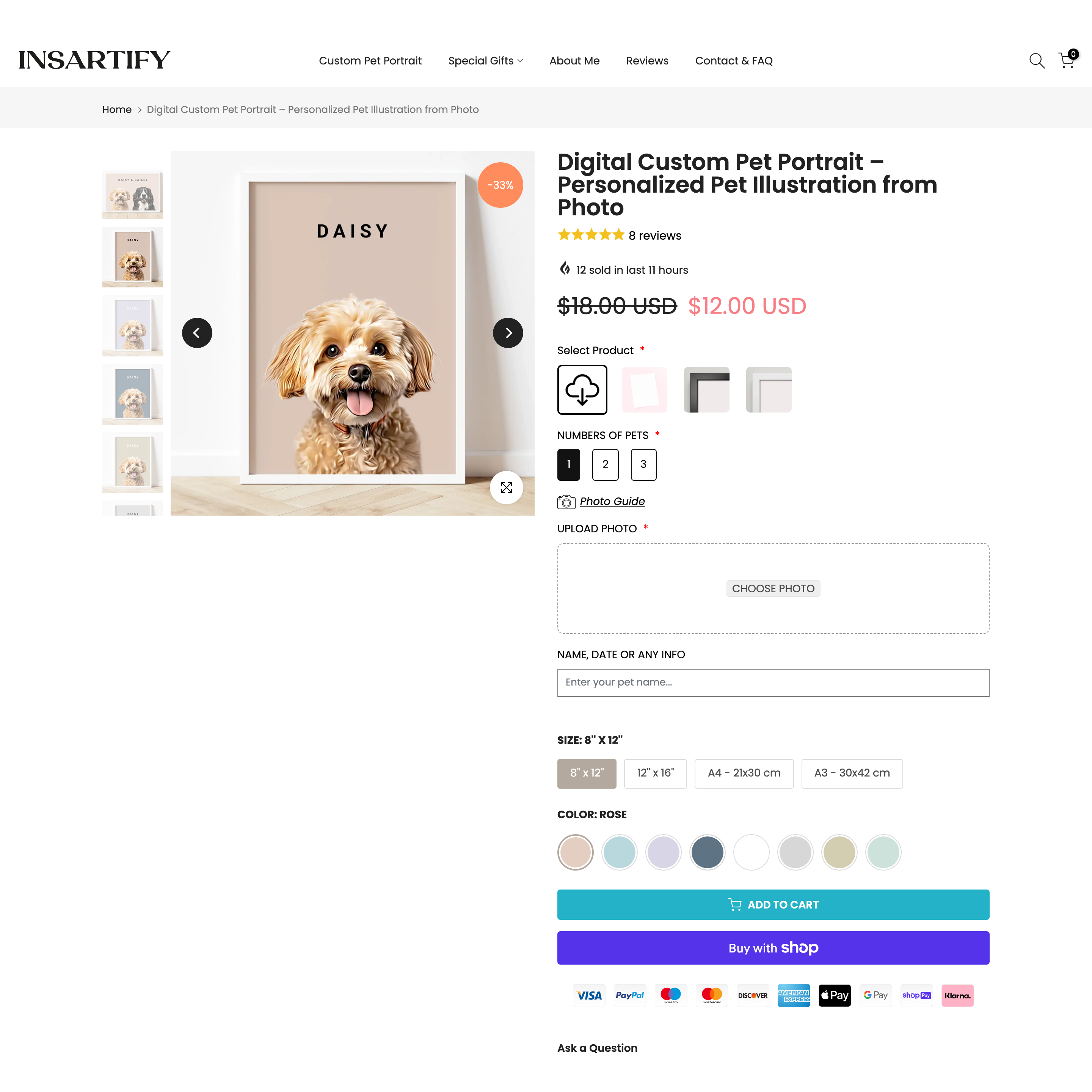 Insartify Shopify store product customization example — pet with animals and custom-print