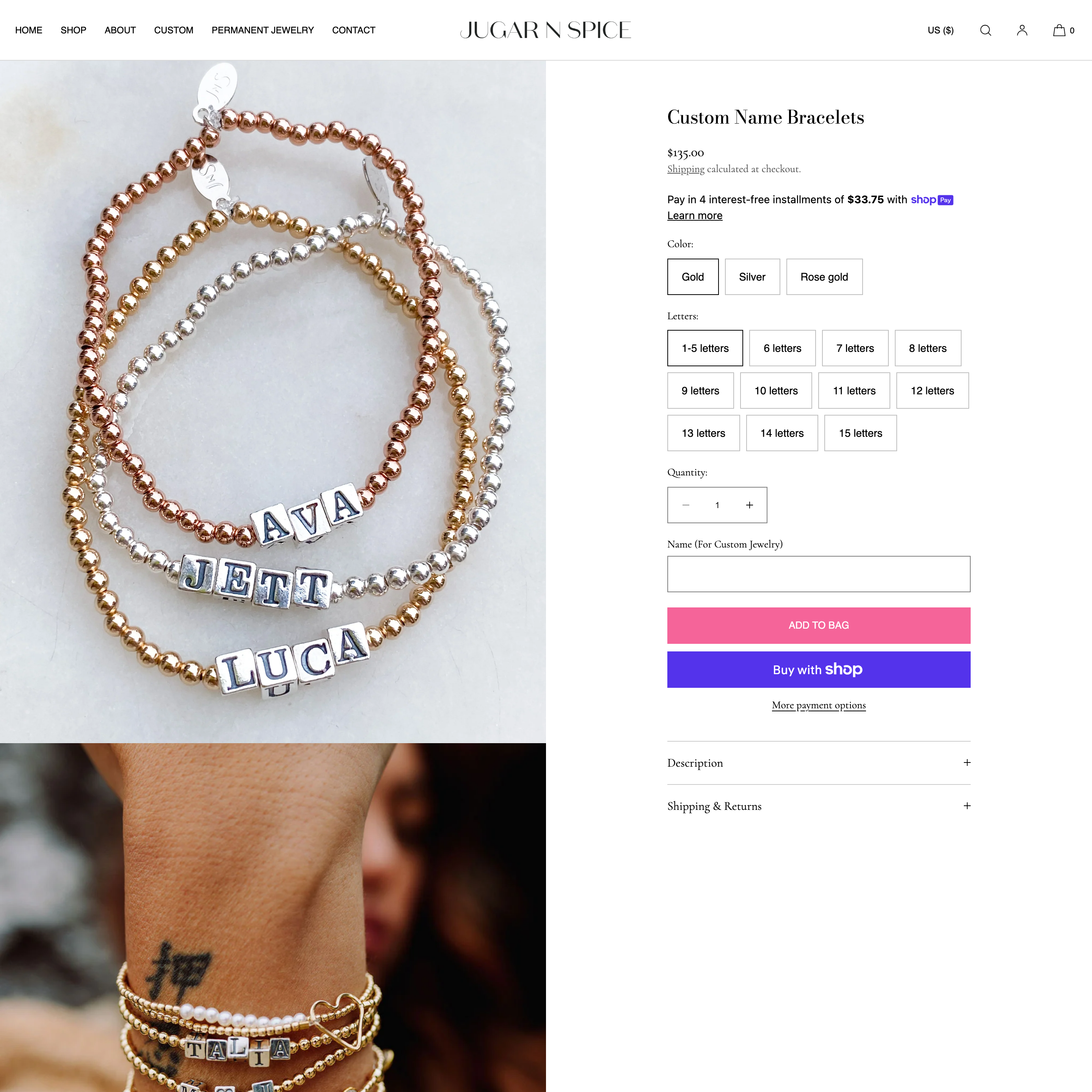 Jugar N Spice Shopify store product customization example — jewelry with accessories and jewelry