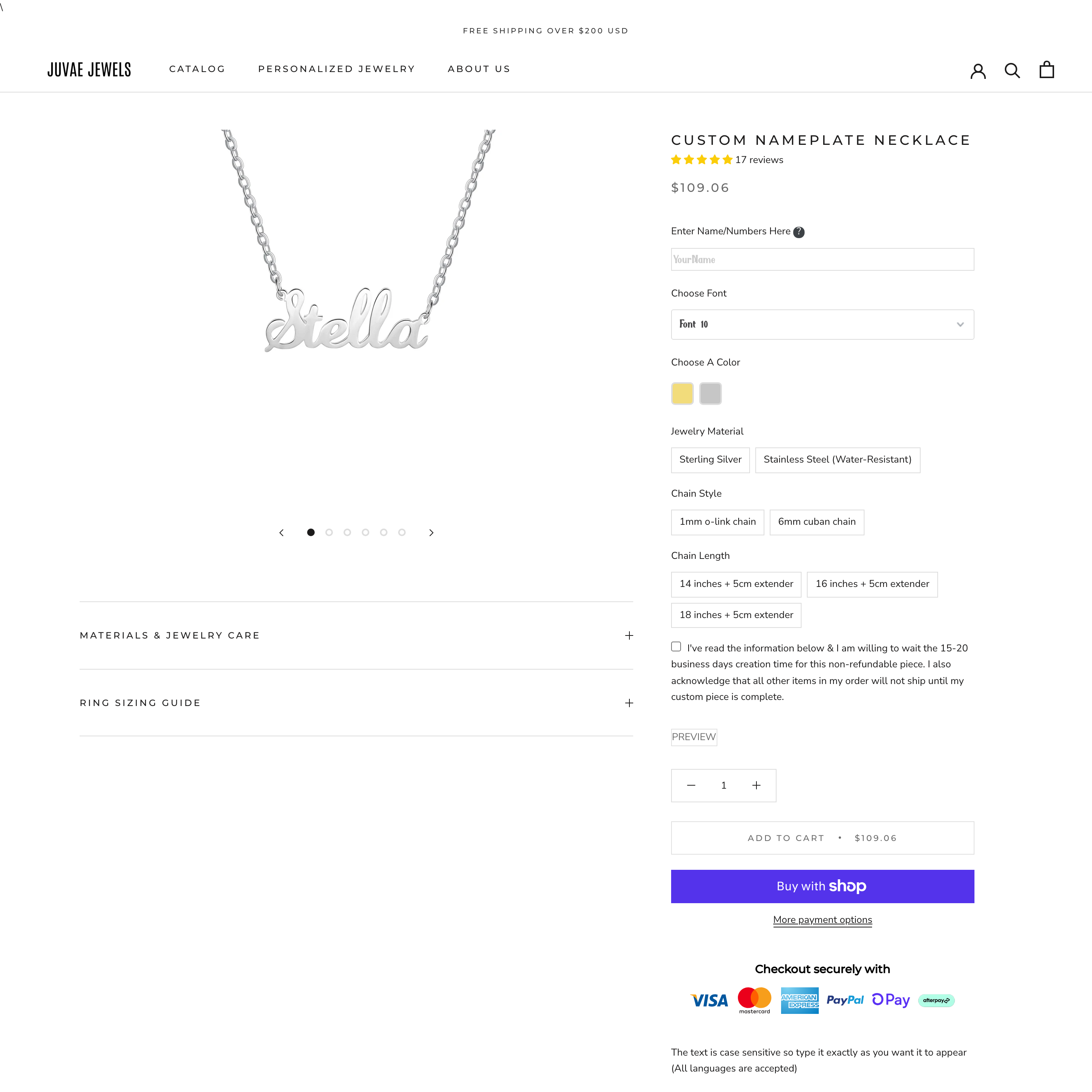 Juvae Jewels Shopify store product customization example — jewelry with accessories and custom-size