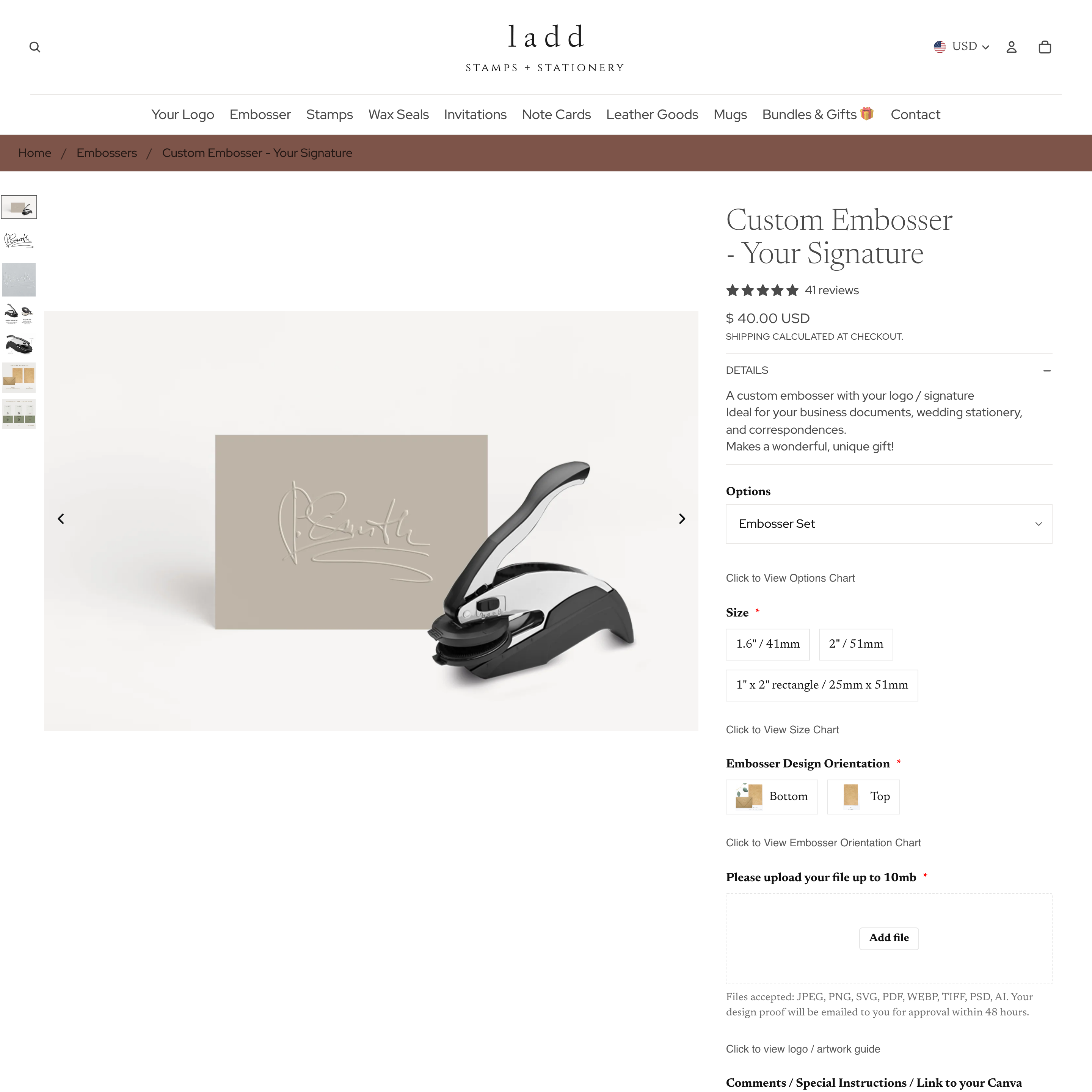 Ladd Stamps Shopify store product customization example — gifts & occasions with gifts and live-preview