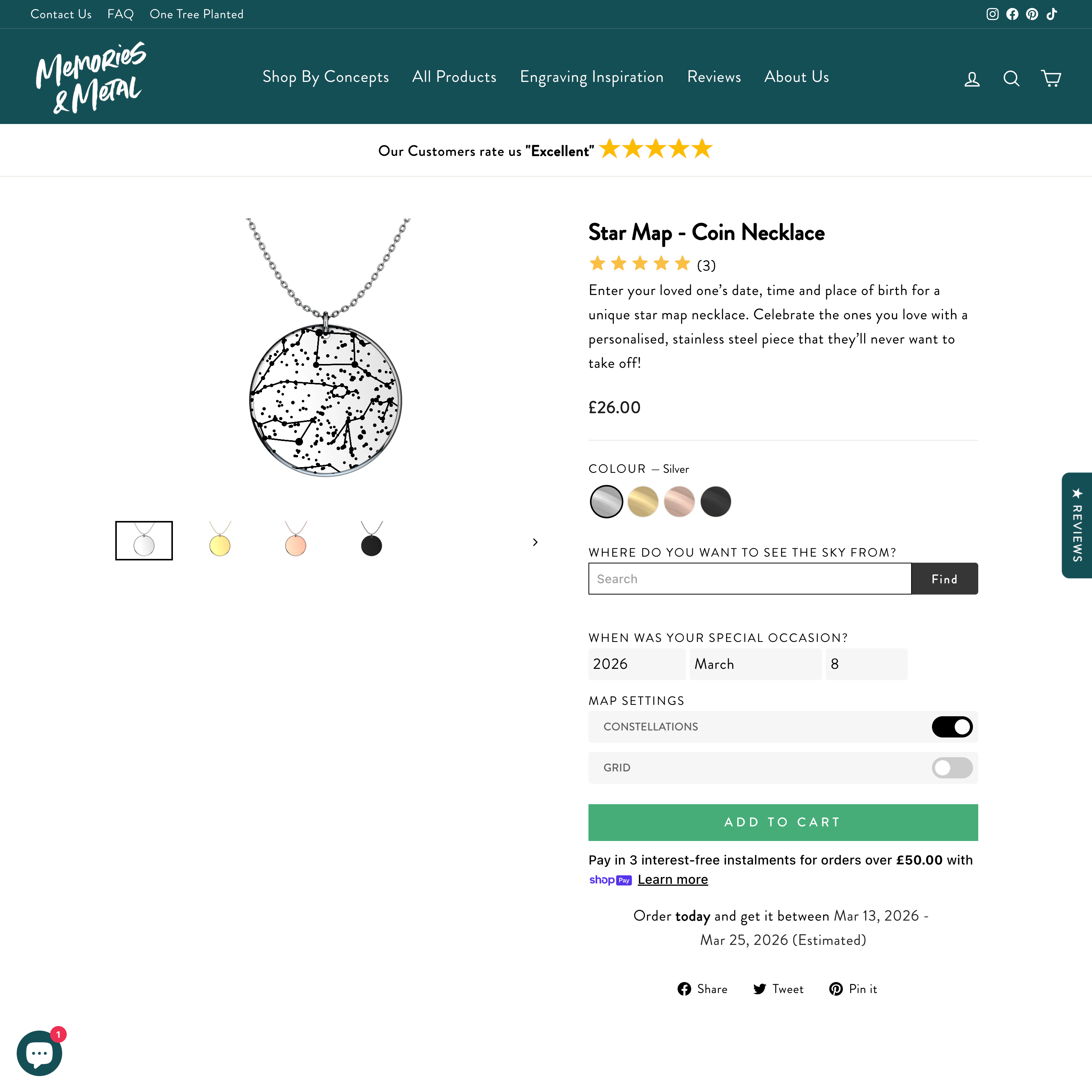 Memories & Metal Shopify store product customization example — jewelry with accessories and color-custom
