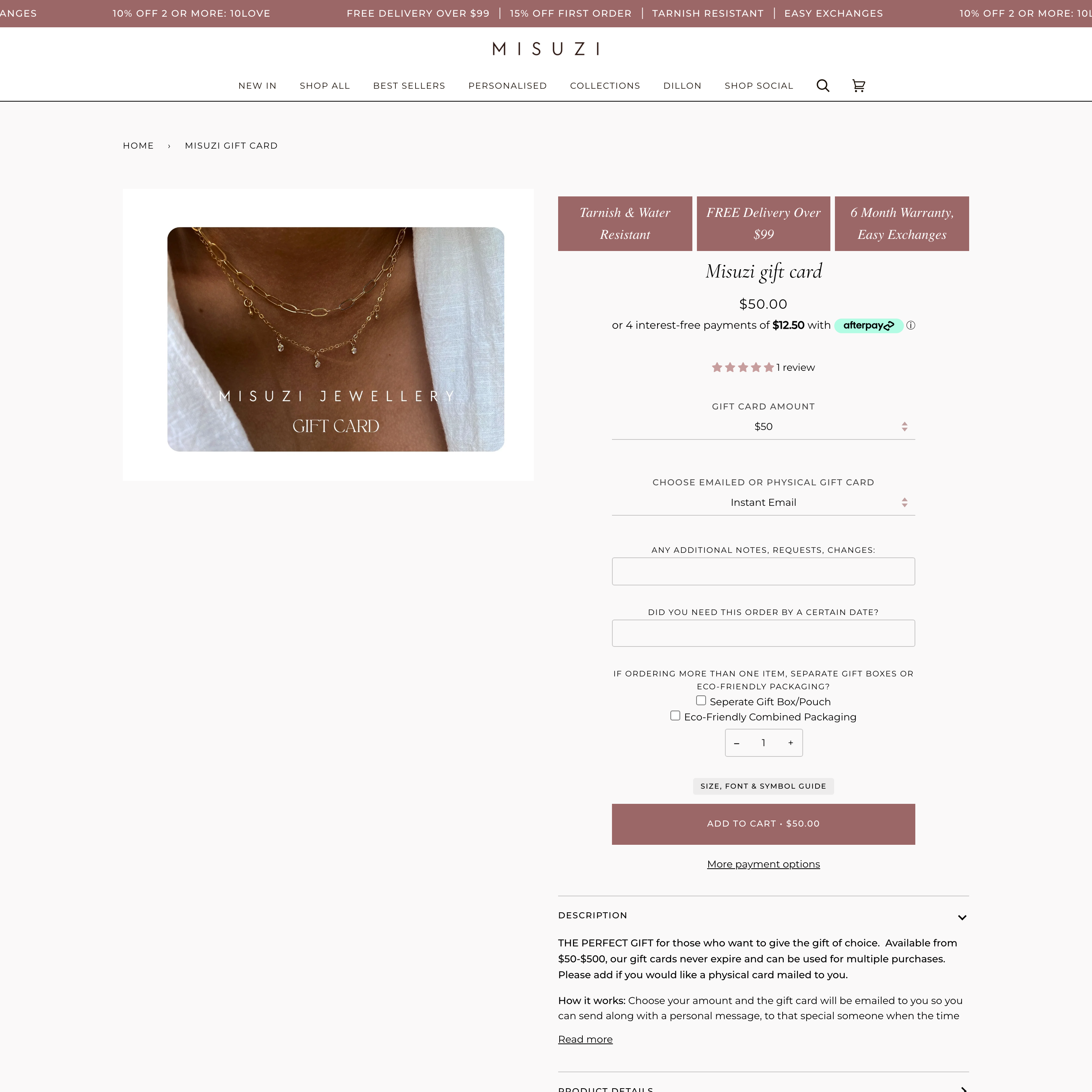 Misuzi Shopify store product customization example — gifts & occasions with accessories and custom-size
