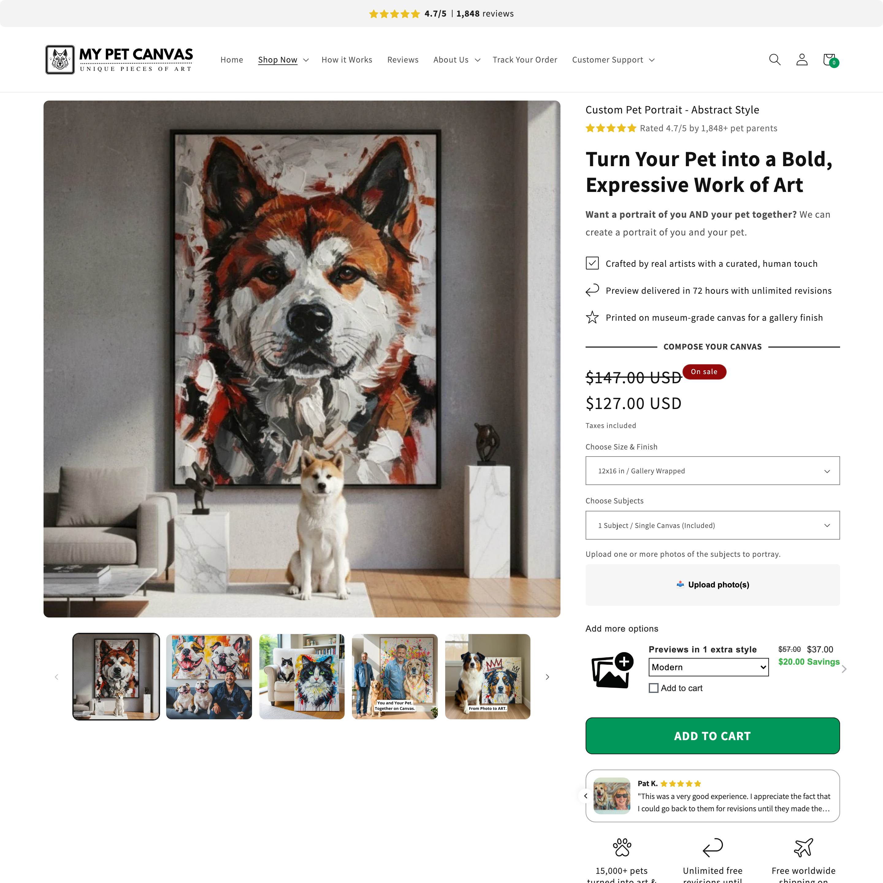 My Pet Canvas Shopify store product customization example — pet with animals and custom-print