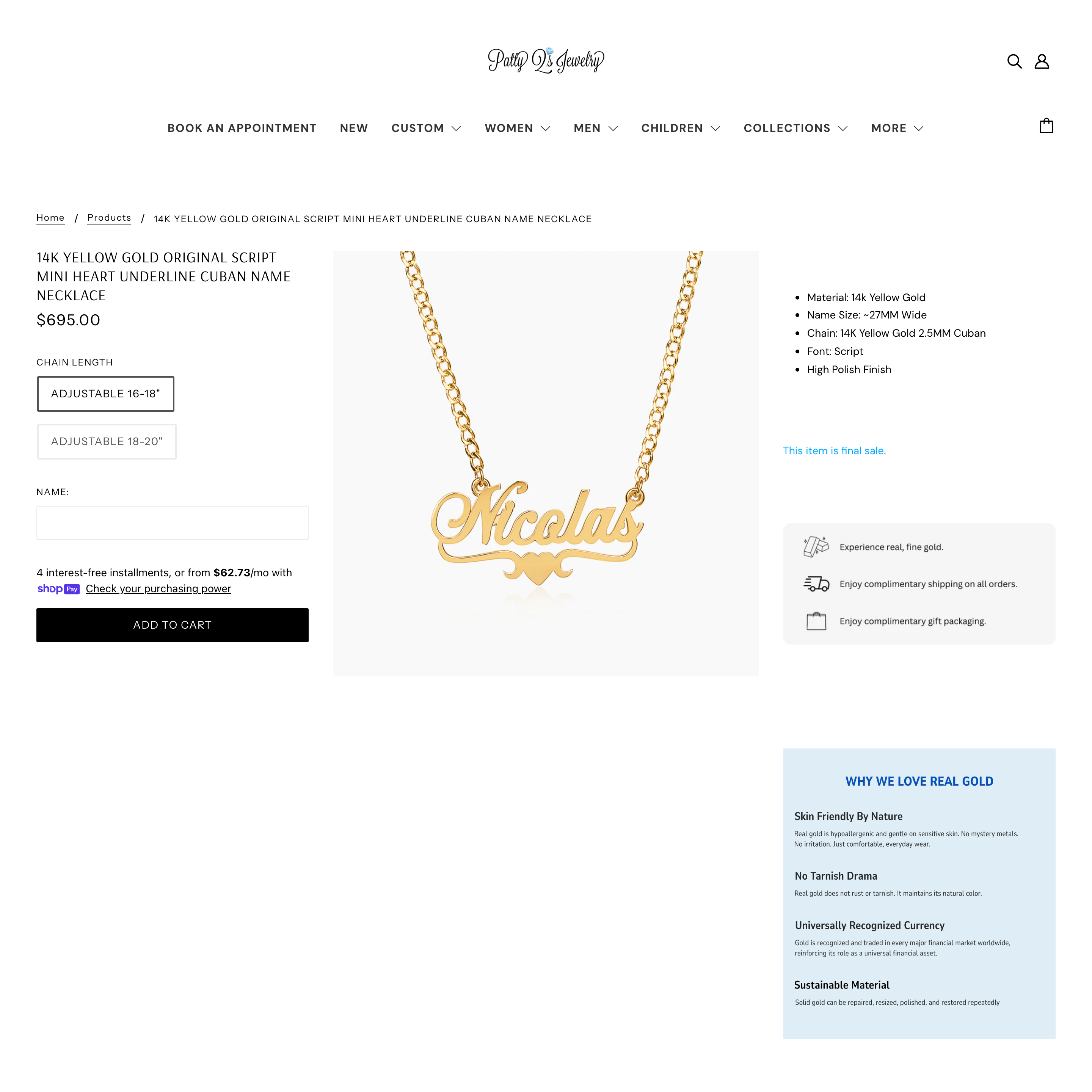 Patty Q's Jewelry Inc Shopify store product customization example — jewelry with accessories and custom-size