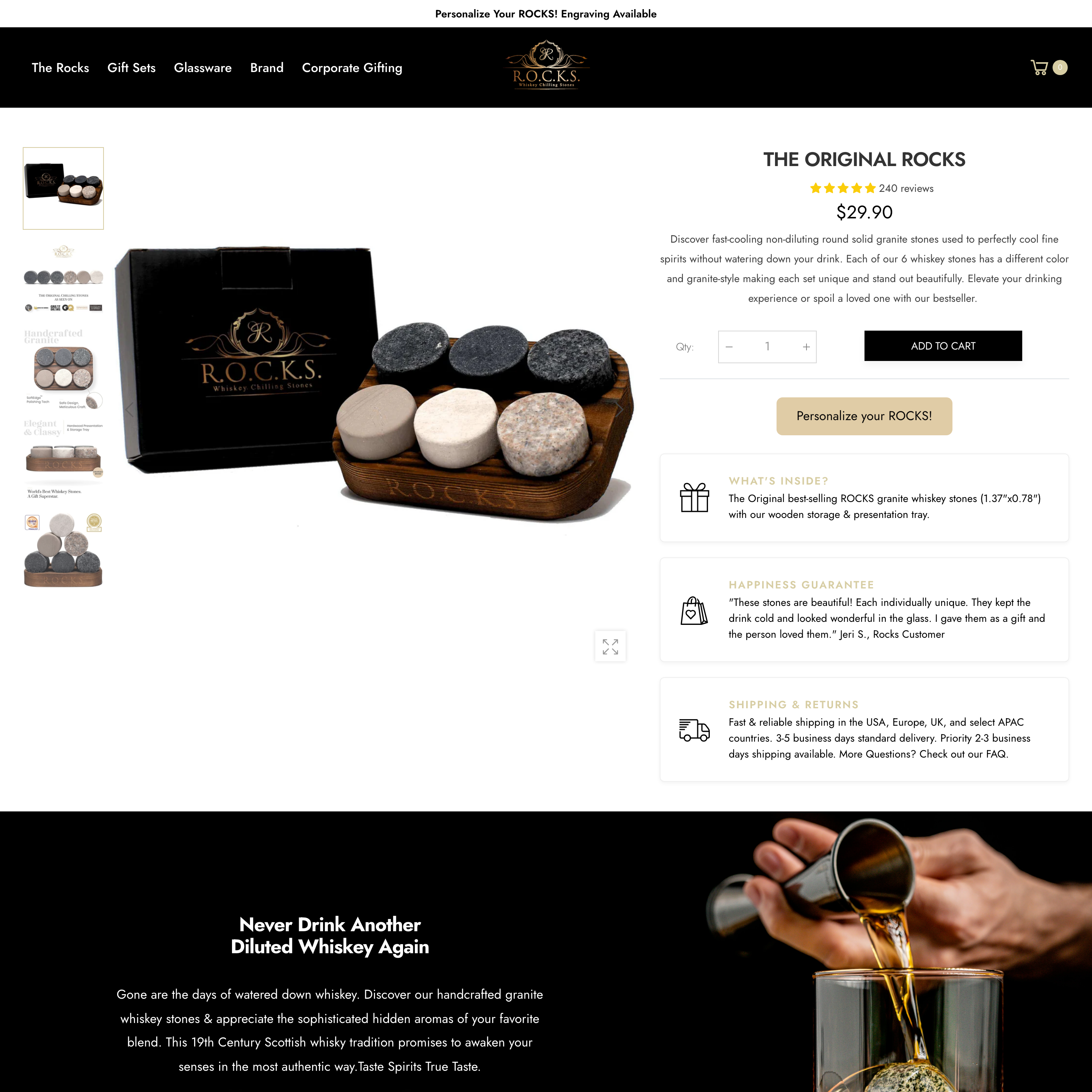 R.O.C.K.S. Whiskey Chilling Stones Shopify store product customization example — gifts & occasions with engraving and gifts