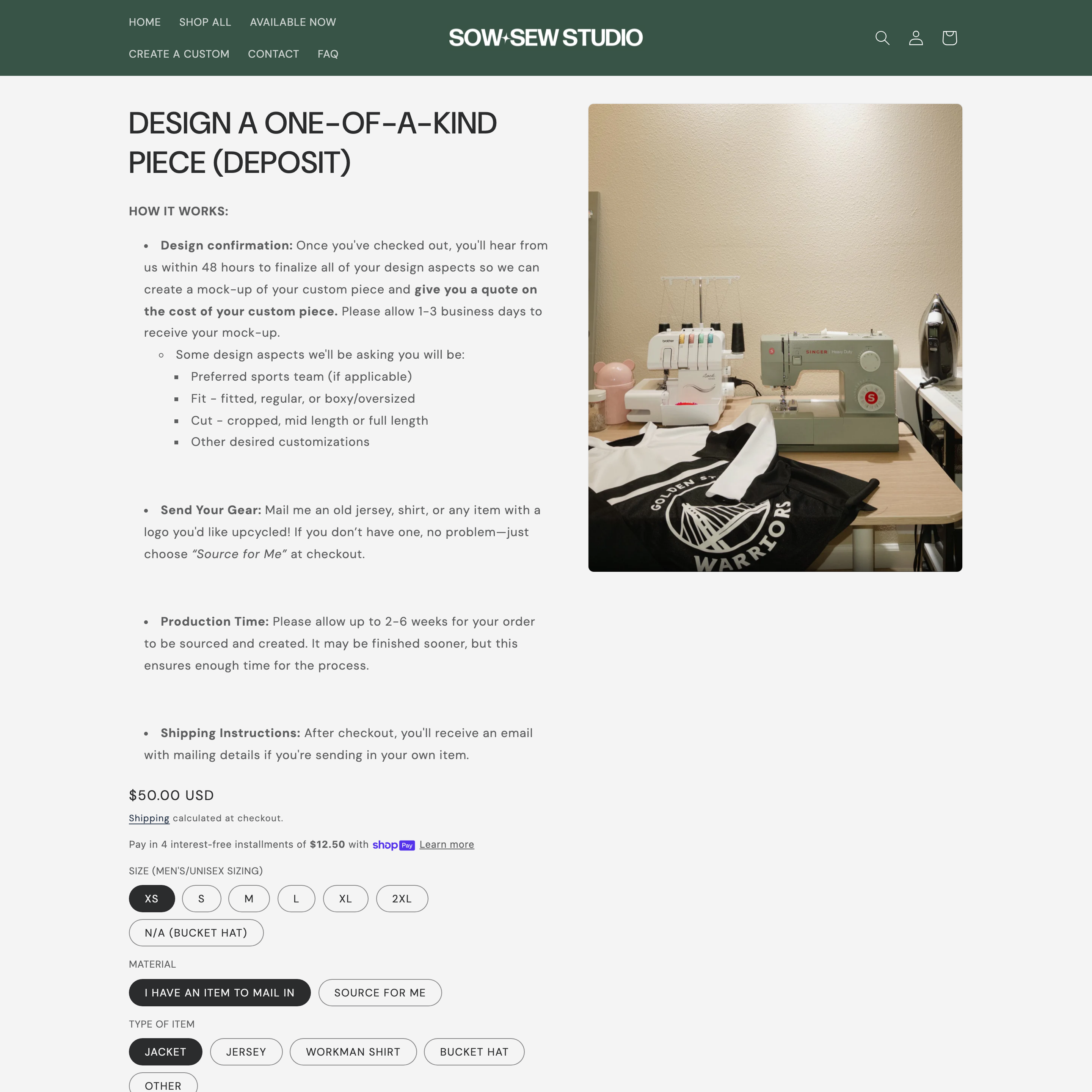 SOW/SEW STUDIO Shopify store product customization example — apparel with active and apparel
