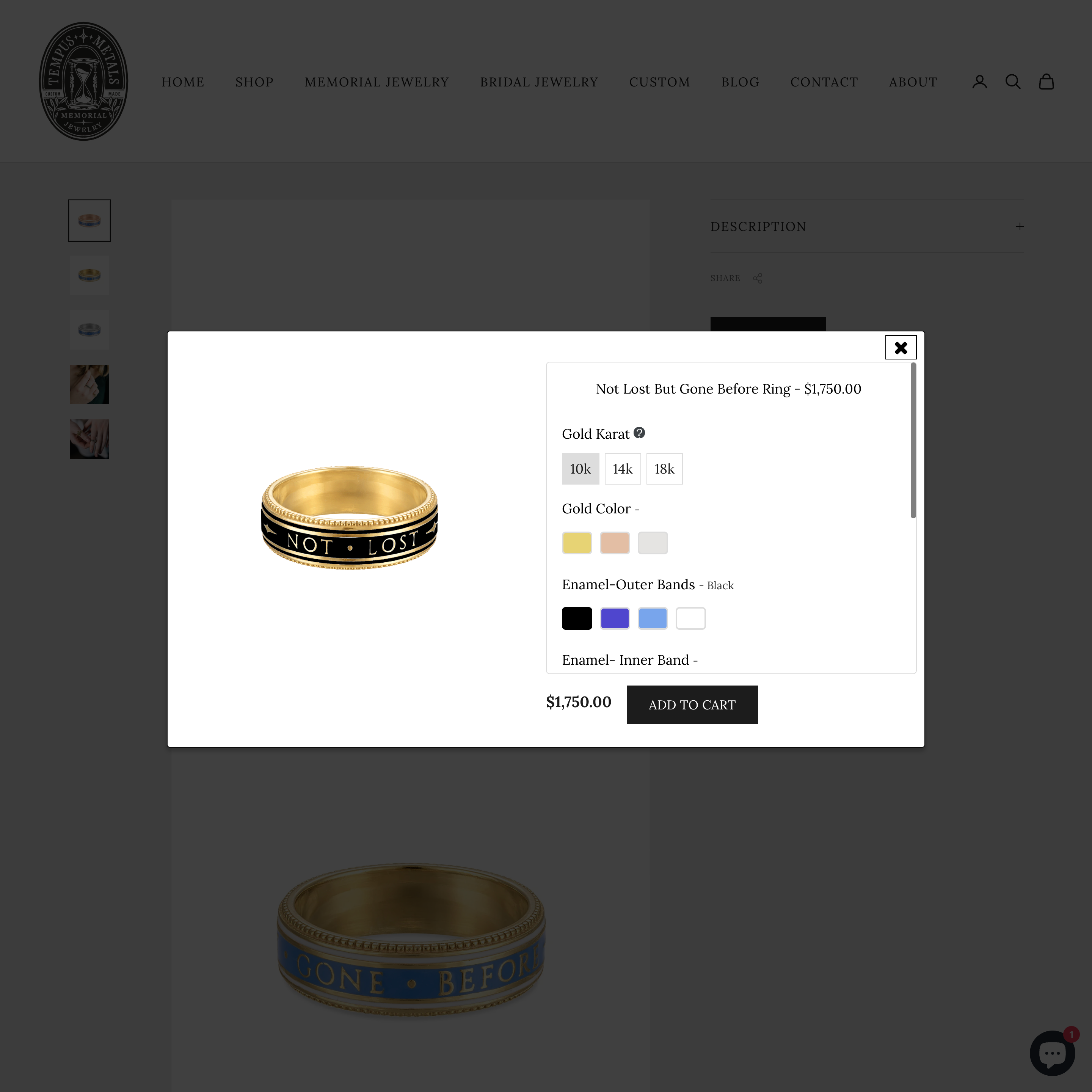 TempusMetals Shopify store product customization example — jewelry with accessories and engraving
