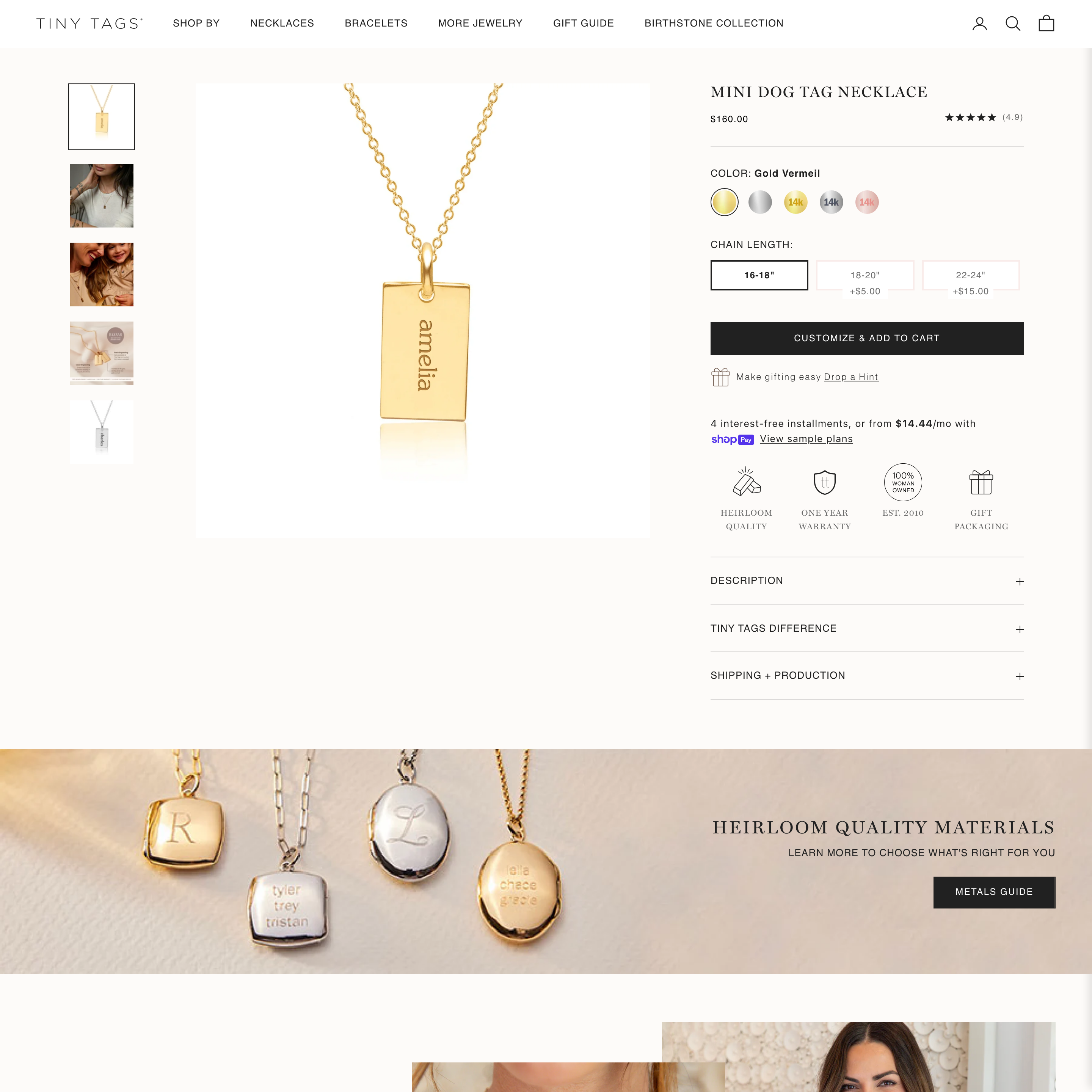 Tiny Tags Shopify store product customization example — jewelry with accessories and custom-built