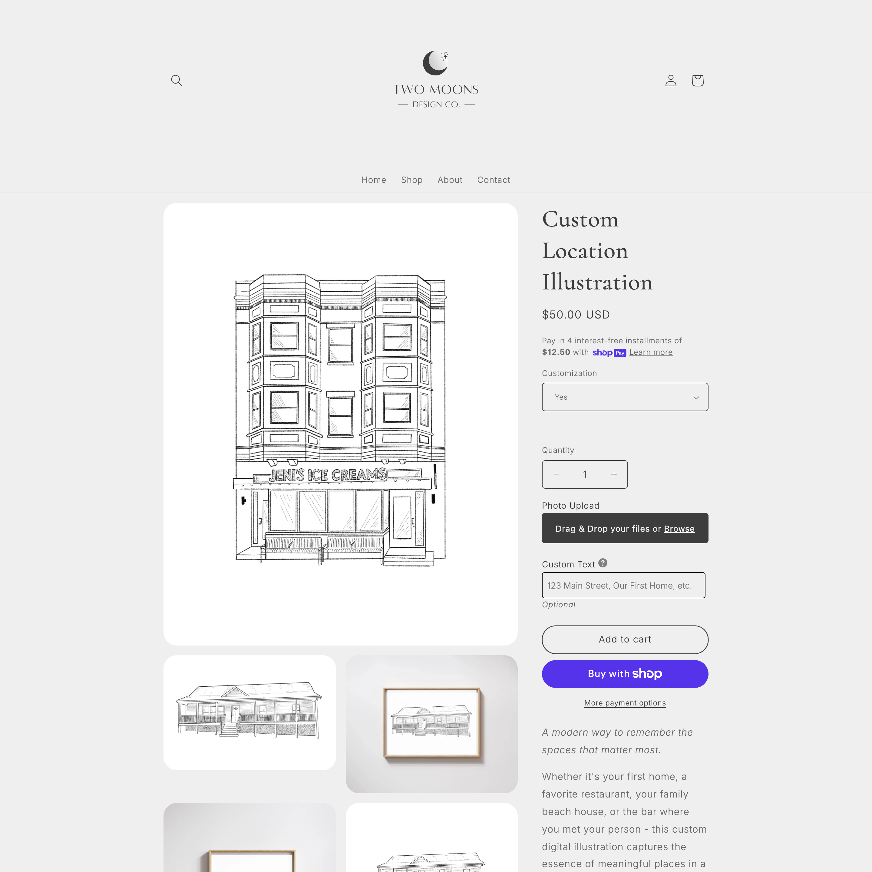 Two Moons Design Co. Shopify store product customization example — gifts & occasions with gifts and photo-upload