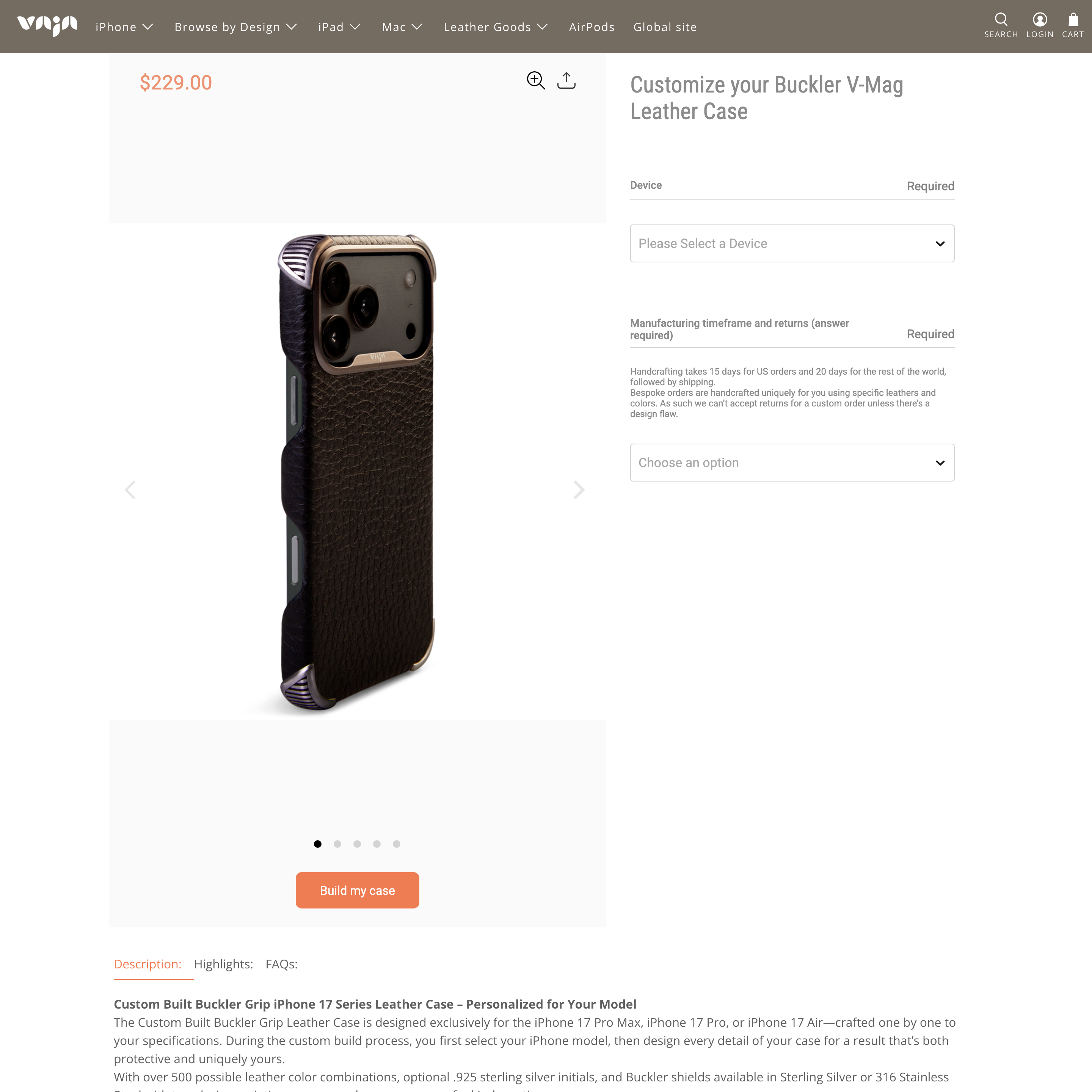 Vaja Shopify store product customization example — tech accessories with accessories and color-custom