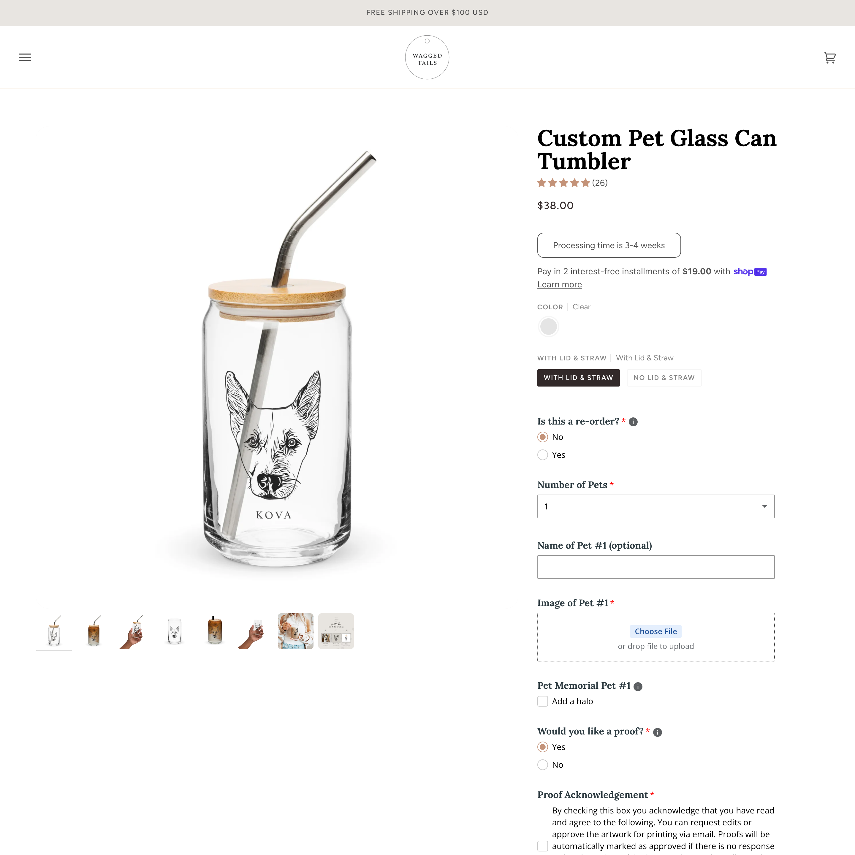 Wagged Tails Shopify store product customization example — pet with apparel and clothing