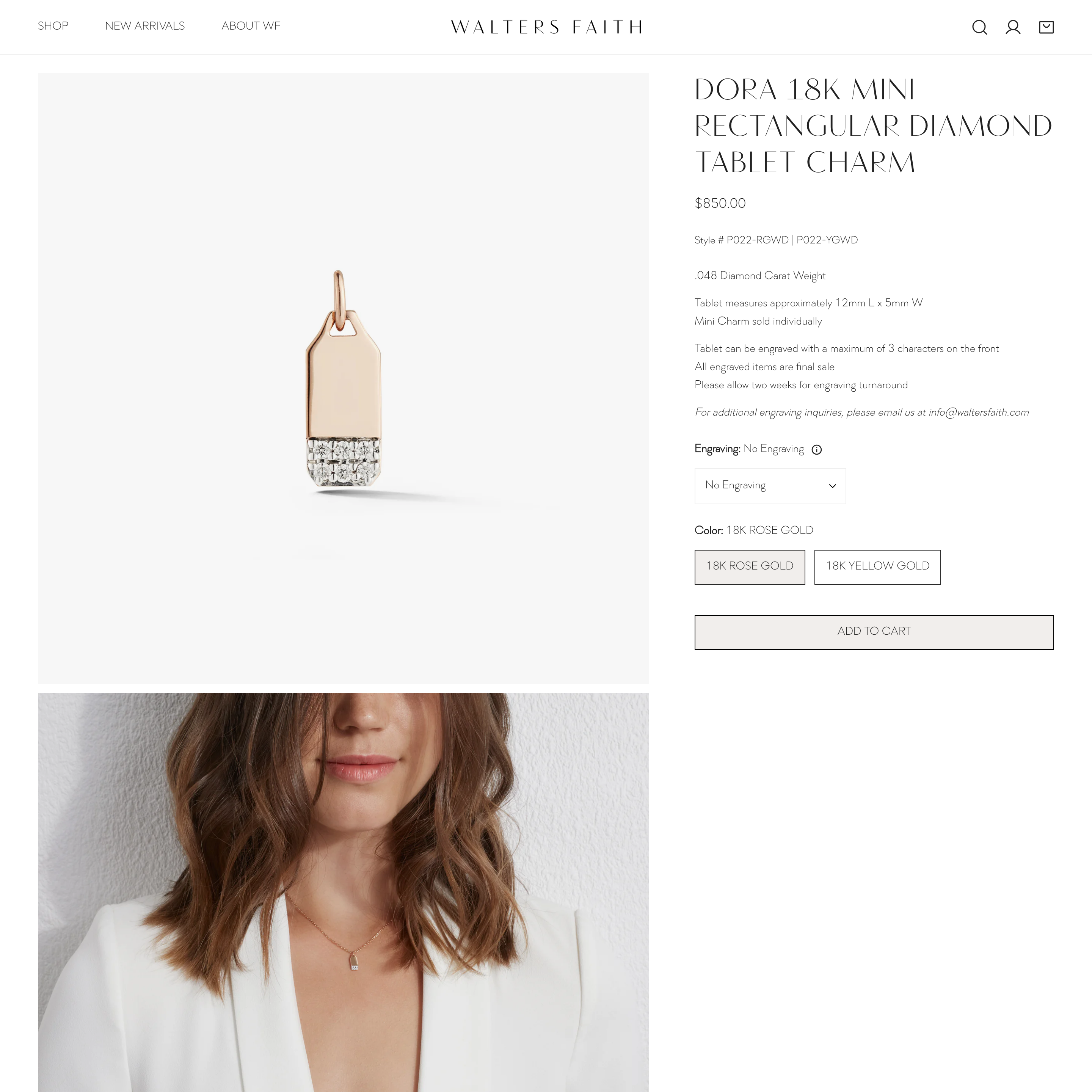 Walters Faith Shopify store product customization example — jewelry with accessories and engraving