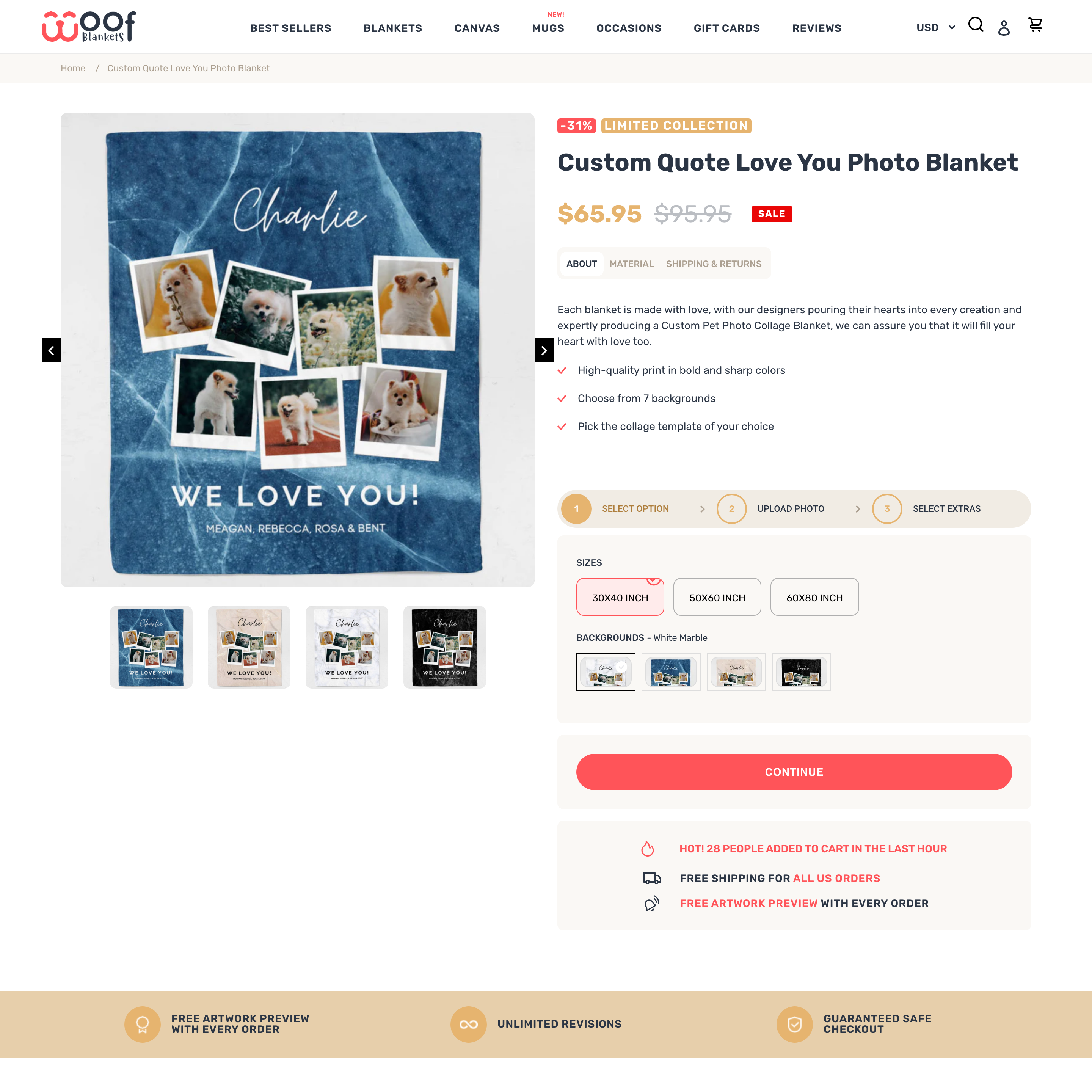 Woof Blankets Shopify store product customization example — home decor with custom-print and custom-size