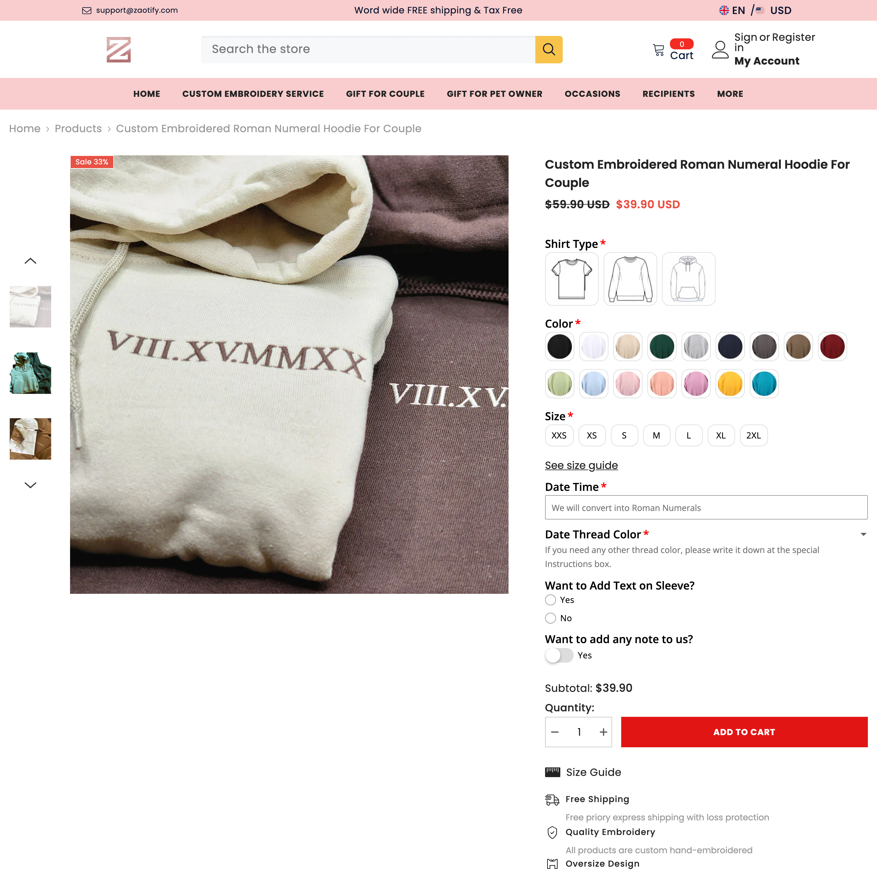 zaotify Shopify store product customization example — apparel with apparel and color-picker
