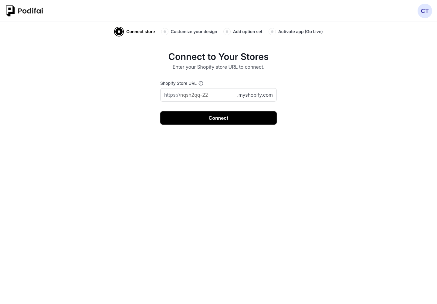 Podifai connect store screen with Shopify store URL input