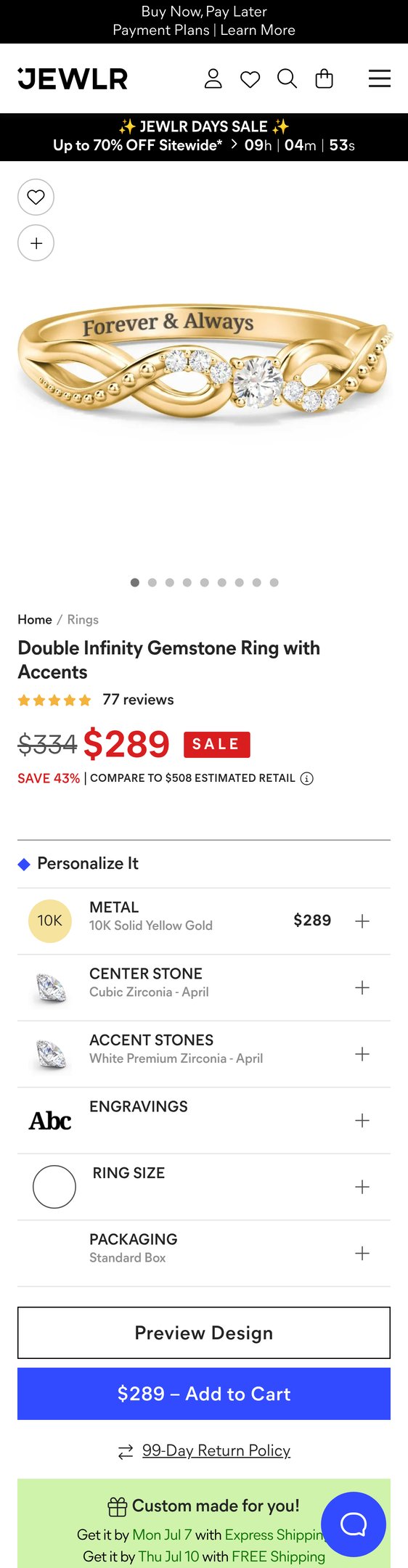 10K Yellow Gold Double Infinity Gemstone Ring with Accents