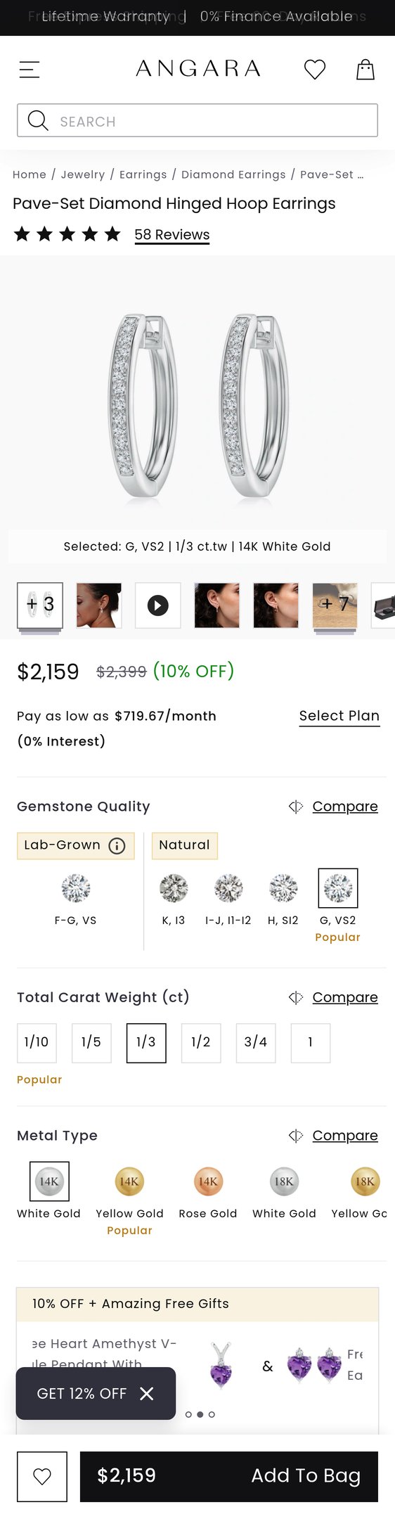 Pave-Set Diamond Hinged Hoop Earrings in 14K White Gold (G, VS2 - 0.34CT. TW.)