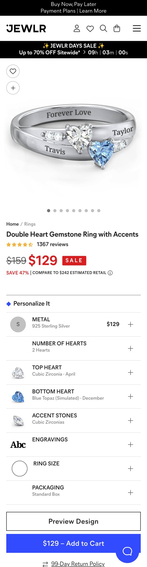 Sterling Silver Double Heart Gemstone Ring with Accents