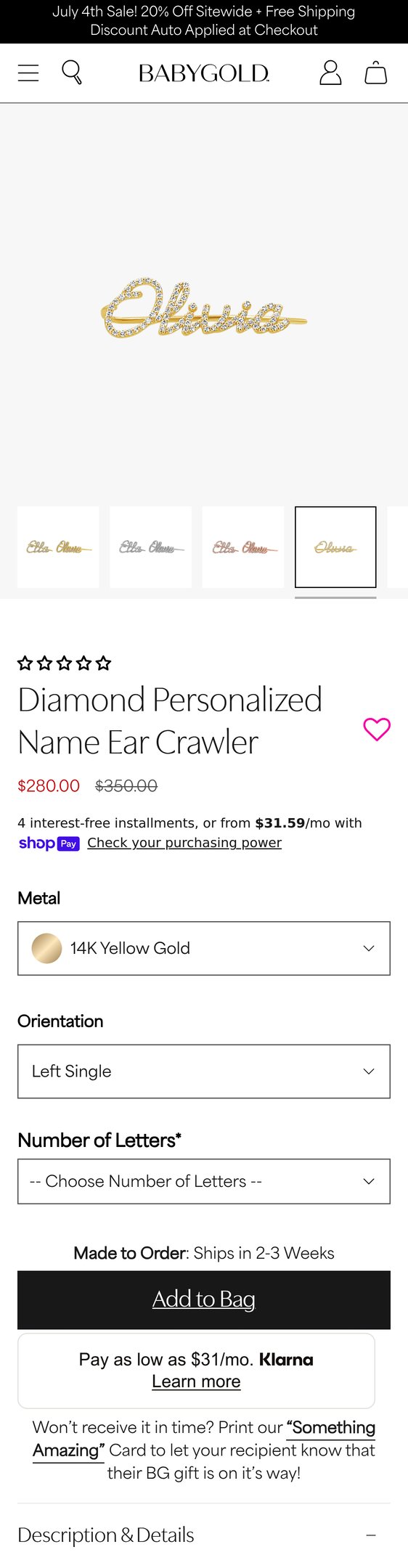 14K Gold Diamond Personalized Name Ear Crawler
