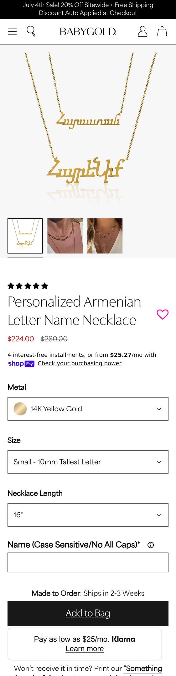 Personalized Armenian Letter Name Necklace