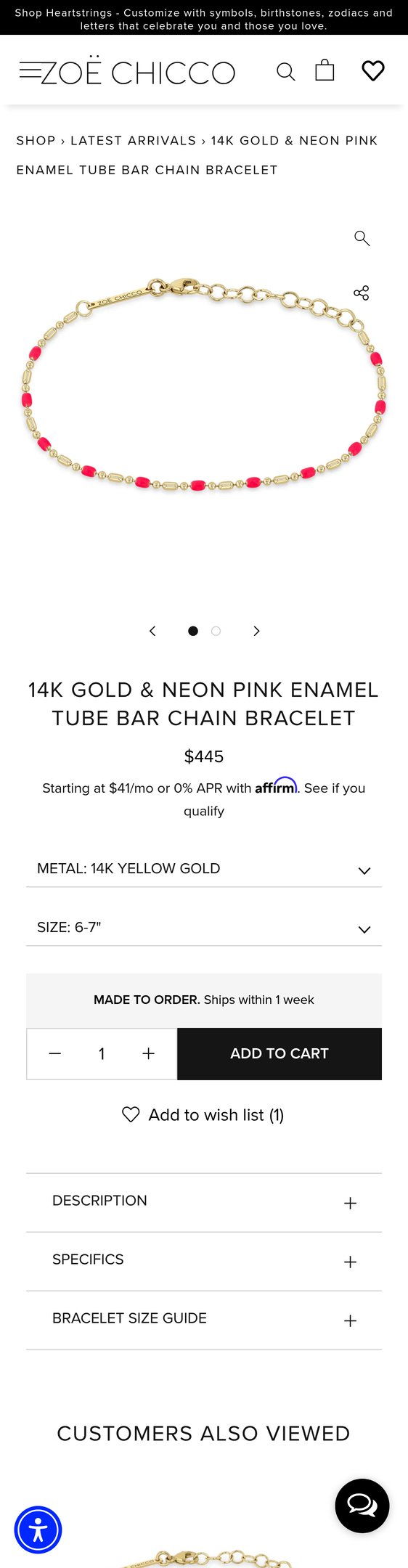 14k Gold & Neon Pink Enamel Tube Bar Chain Bracelet