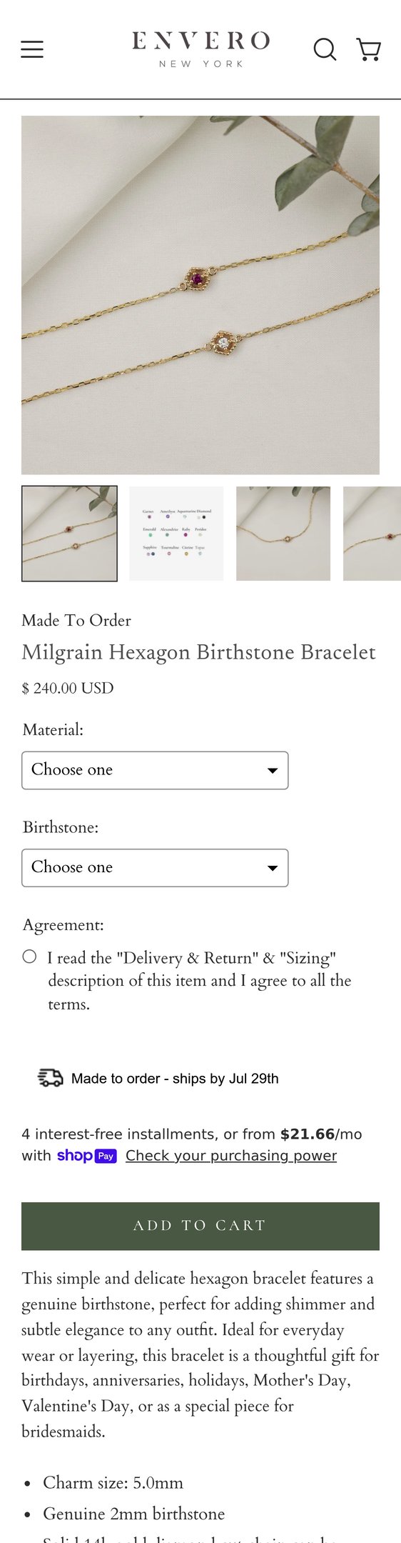 Milgrain Hexagon Birthstone Bracelet