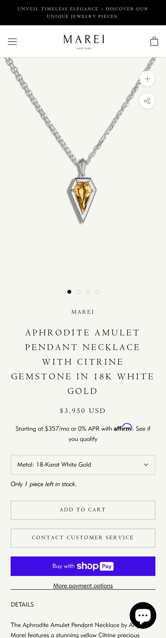 Aphrodite Amulet Pendant Necklace With Citrine Gemstone In 18K White Gold