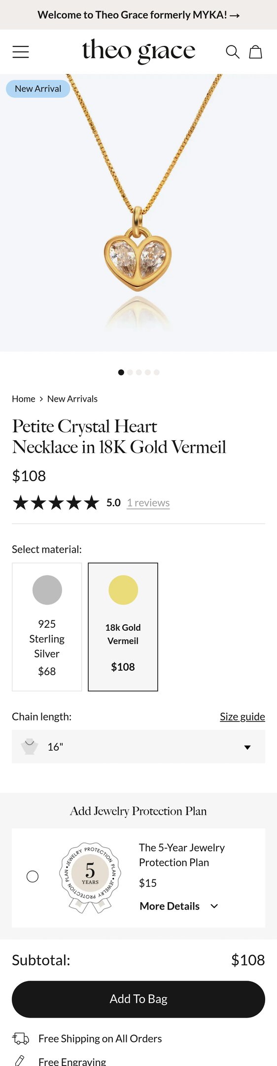 Petite Crystal Heart Necklace in 18K Gold Vermeil