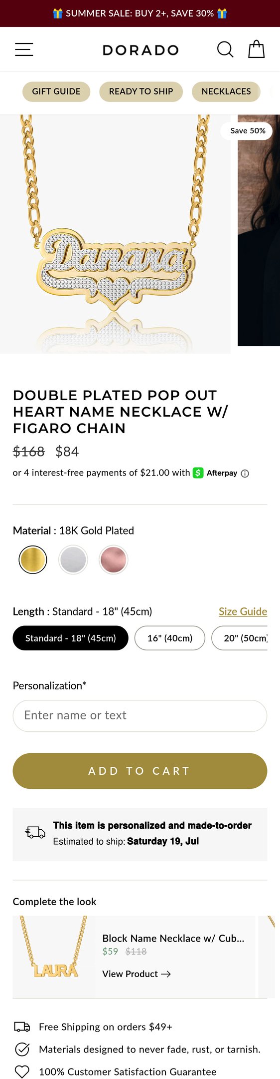 Double Plated Pop Out Heart Name Necklace w/ Figaro Chain