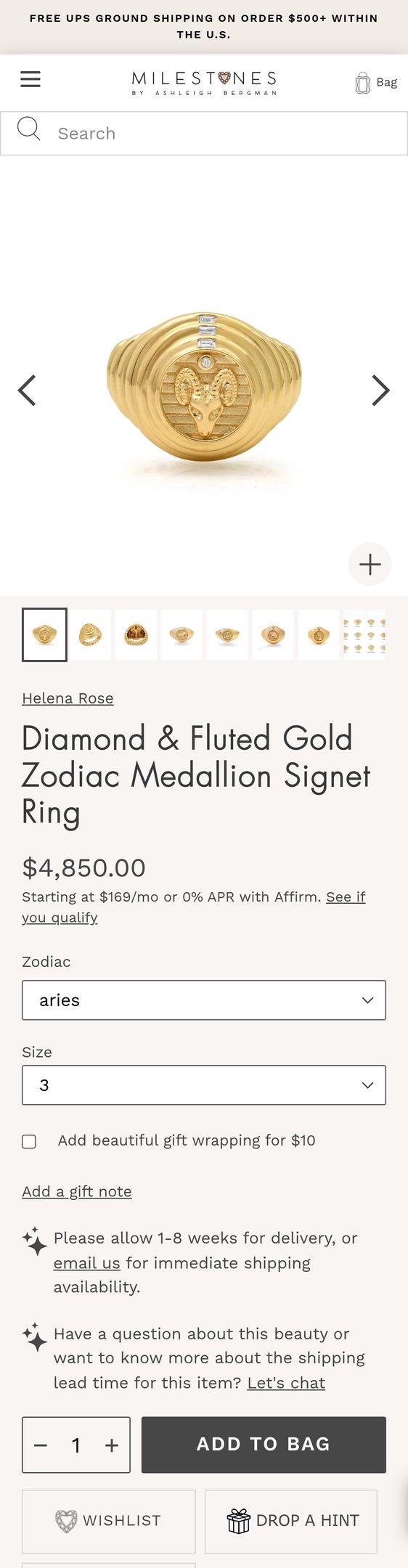 Diamond & Fluted Gold Zodiac Medallion Signet Ring
