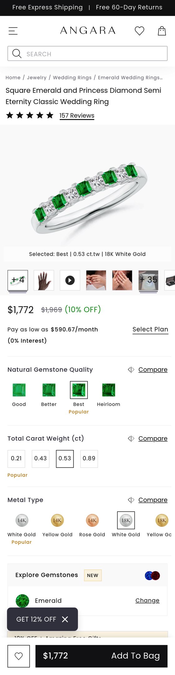 Square Emerald and Princess Diamond Semi Eternity Classic Wedding Ring