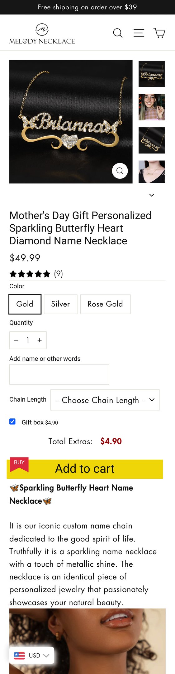 Mother's Day Gift Personalized Sparkling Butterfly Heart Diamond Name Necklace