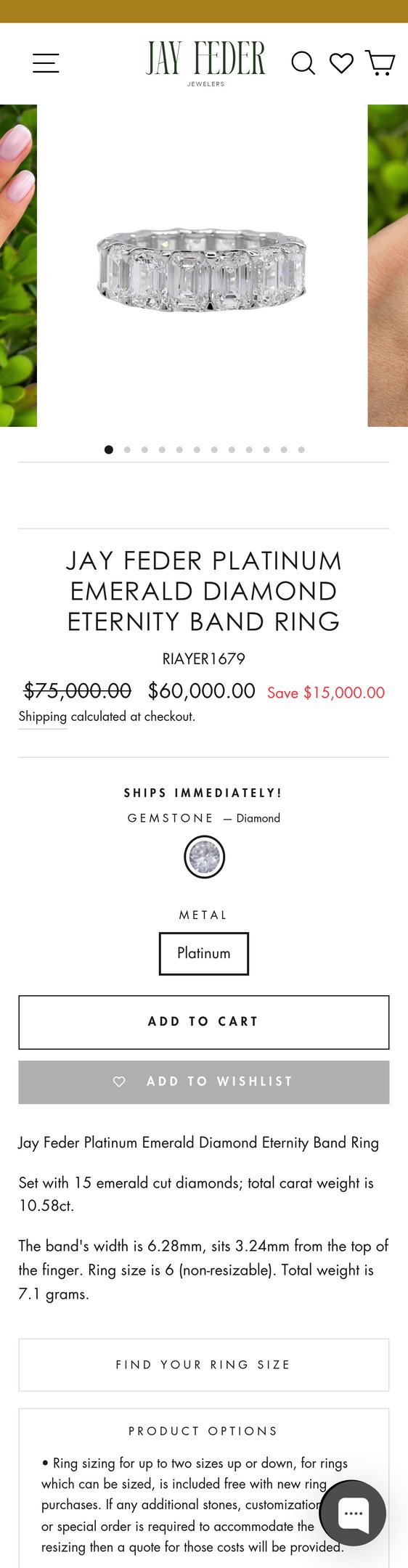 Jay Feder Platinum Emerald Diamond Eternity Band Ring