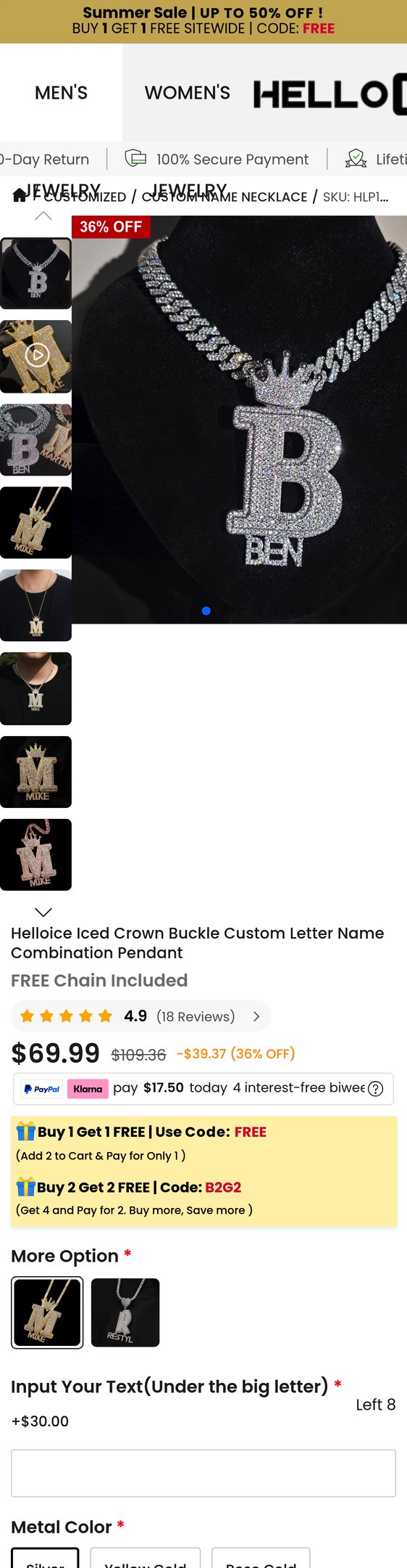 Iced Crown Buckle Custom Letter Name Combination Pendant