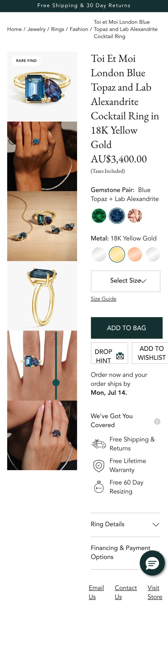 18K Yellow Gold Toi et Moi London Blue Topaz and Lab Alexandrite Cocktail Ring