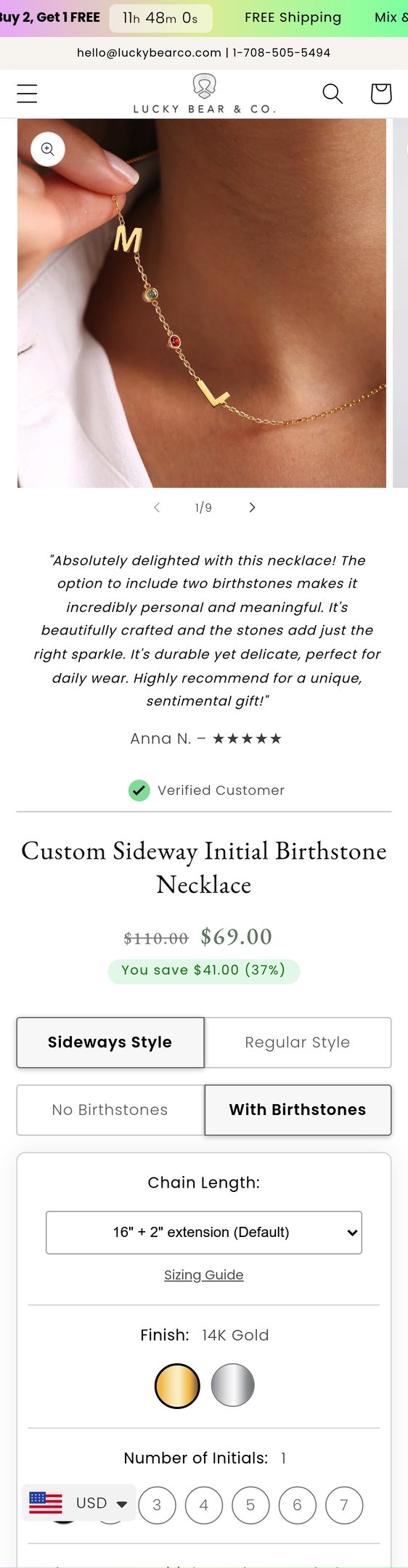 Custom Sideway Initial Birthstone Necklace