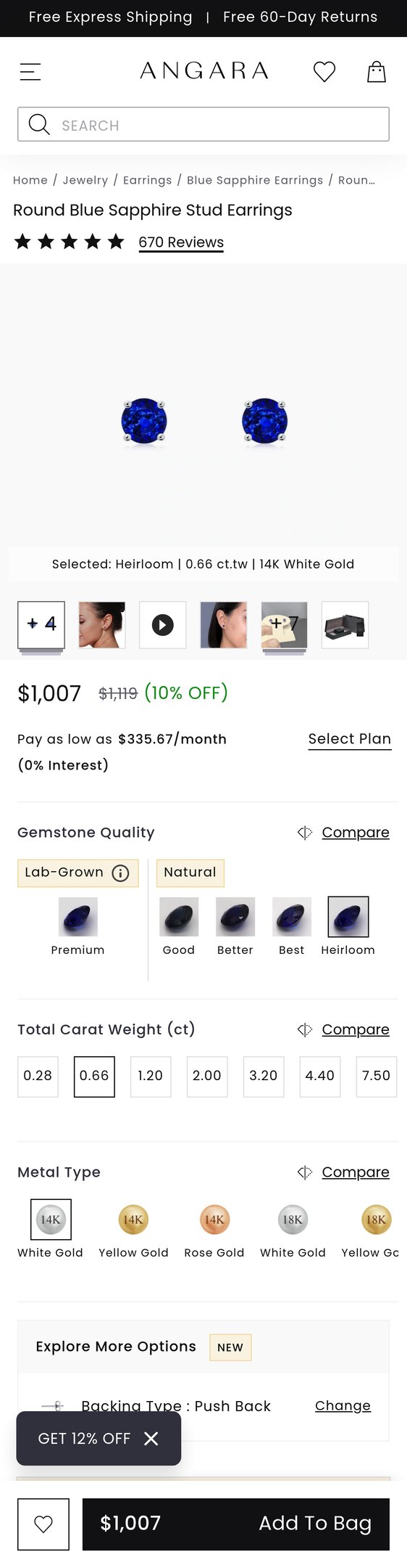 Round Blue Sapphire Stud Earrings