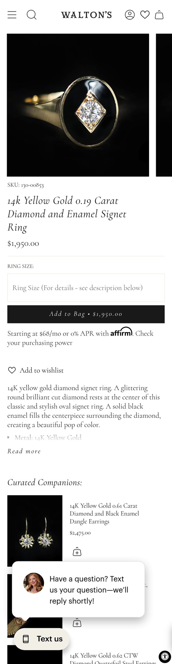 14k Yellow Gold 0.19 Carat Diamond and Enamel Signet Ring