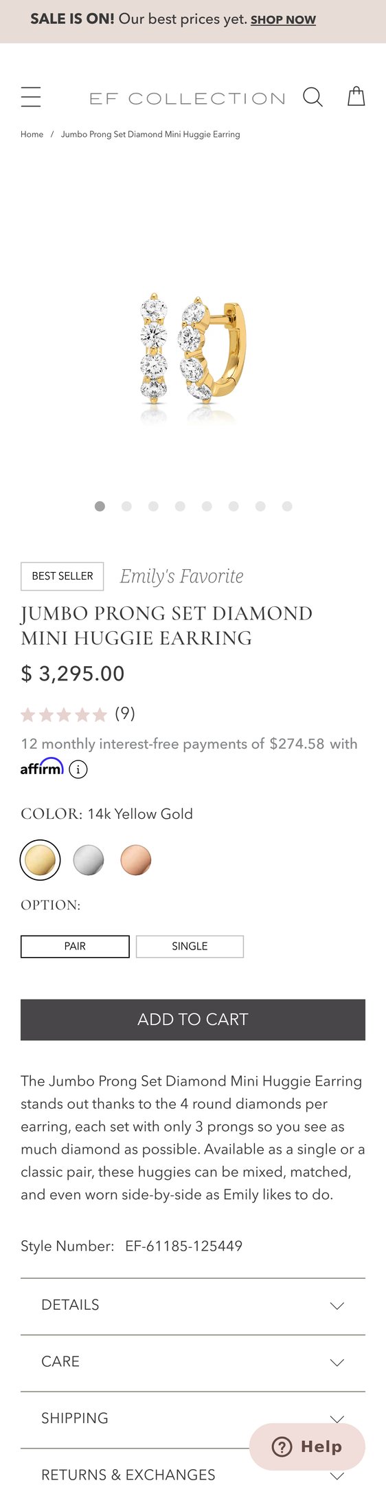 Jumbo Prong Set Diamond Mini Huggie Earring