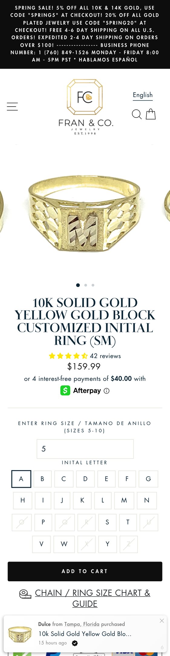 10k Solid Gold Yellow Gold Block CUSTOMIZED Initial Ring (SM)