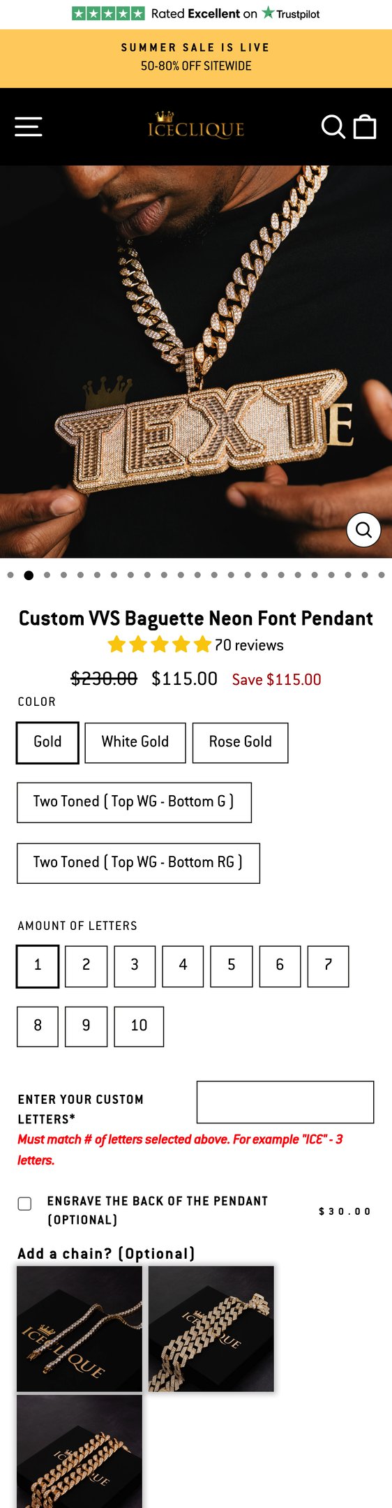 Custom VVS Baguette Neon Font Pendant