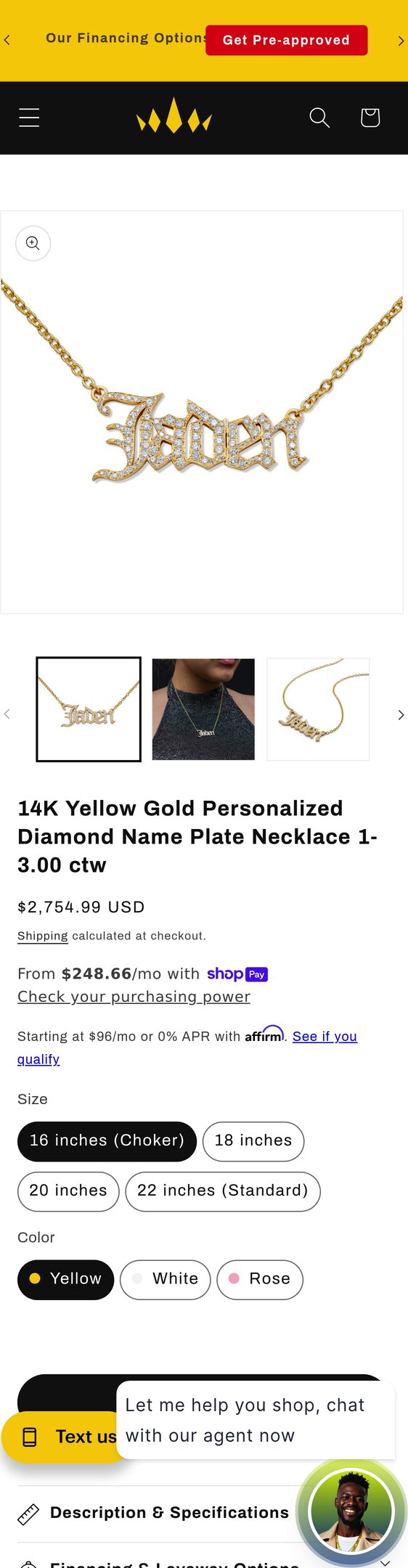 14K Yellow Gold Personalized Diamond Name Plate Necklace 1-3.00 ctw