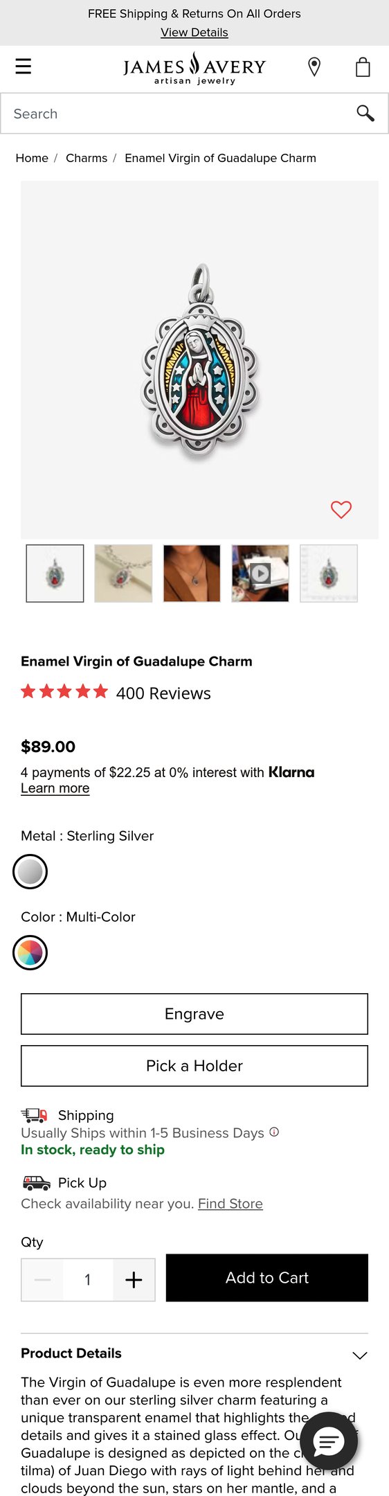 Buy Enamel Virgin of Guadalupe Charm for USD 89.00 | James Avery