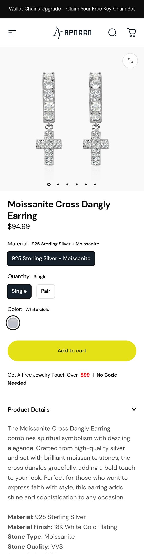 Moissanite Cross Dangly Earring