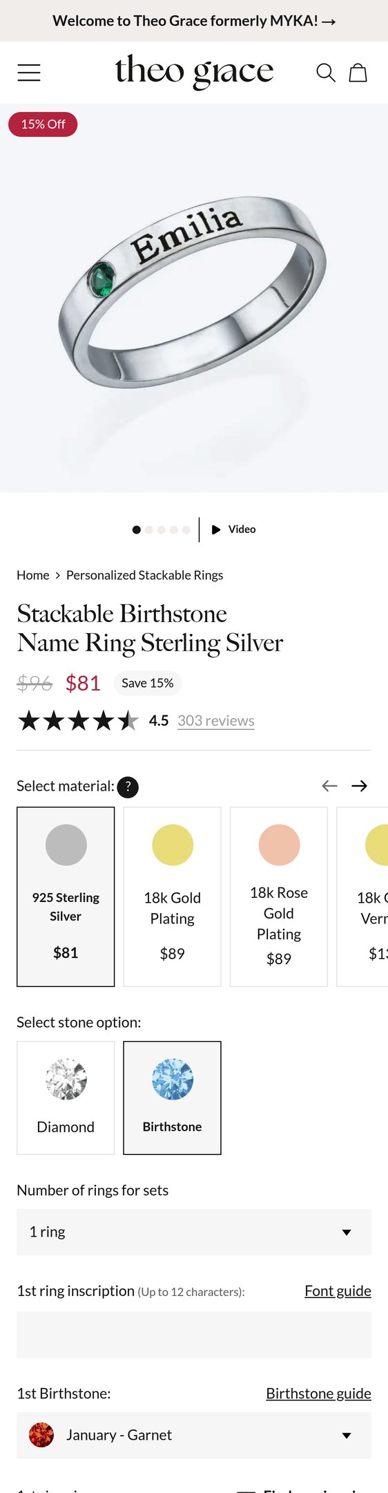 Stackable Birthstone Name Ring Sterling Silver