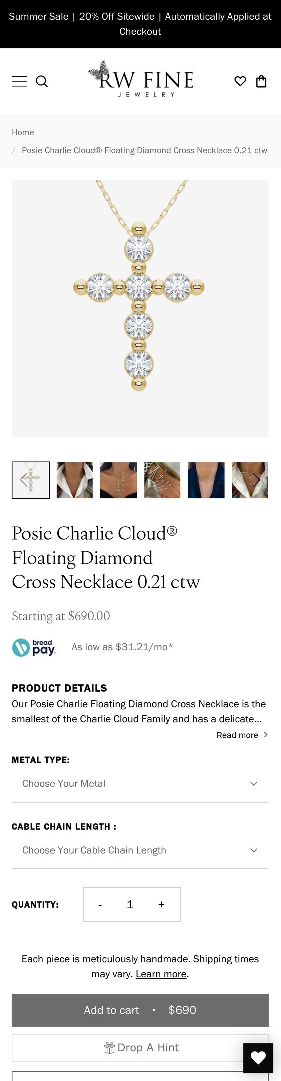 Posie Charlie Cloud® Floating Diamond Cross Necklace 0.21 ctw