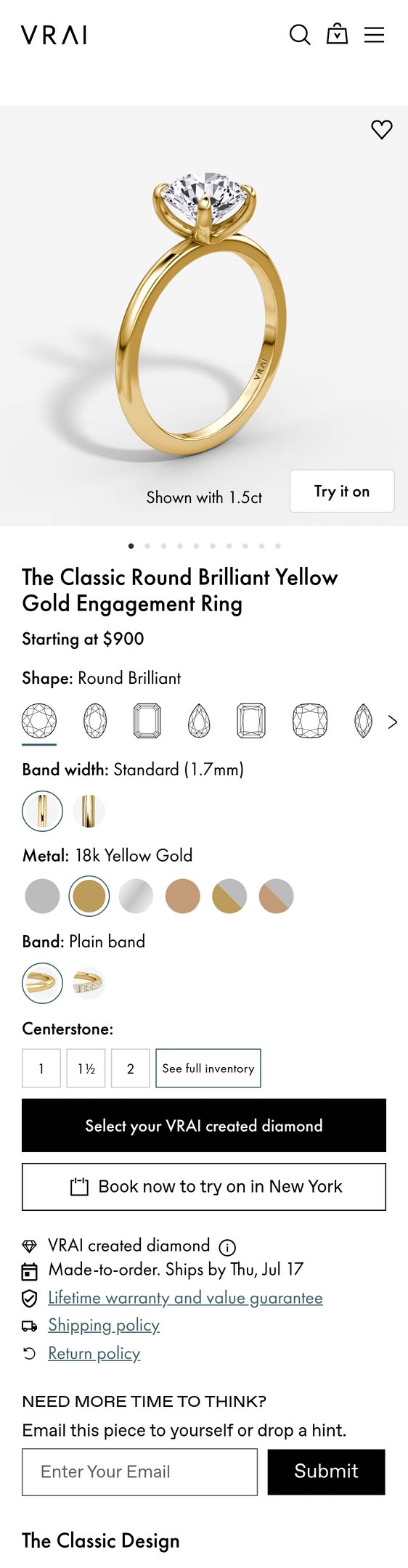 The Classic Round Brilliant Engagement Ring | Plain Band | Yellow Gold