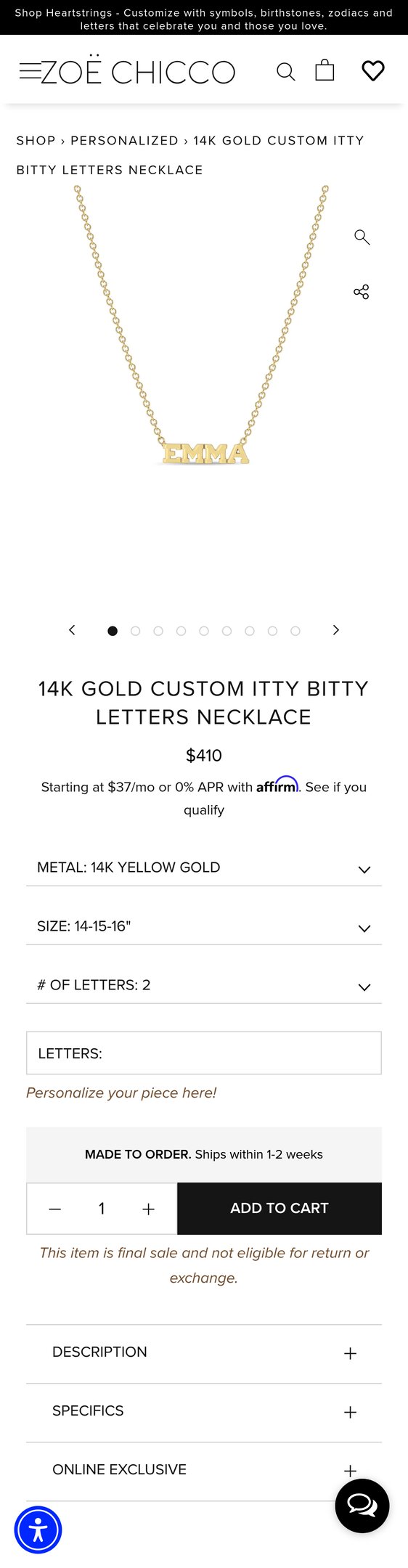 14k Gold Custom Itty Bitty Letters Necklace