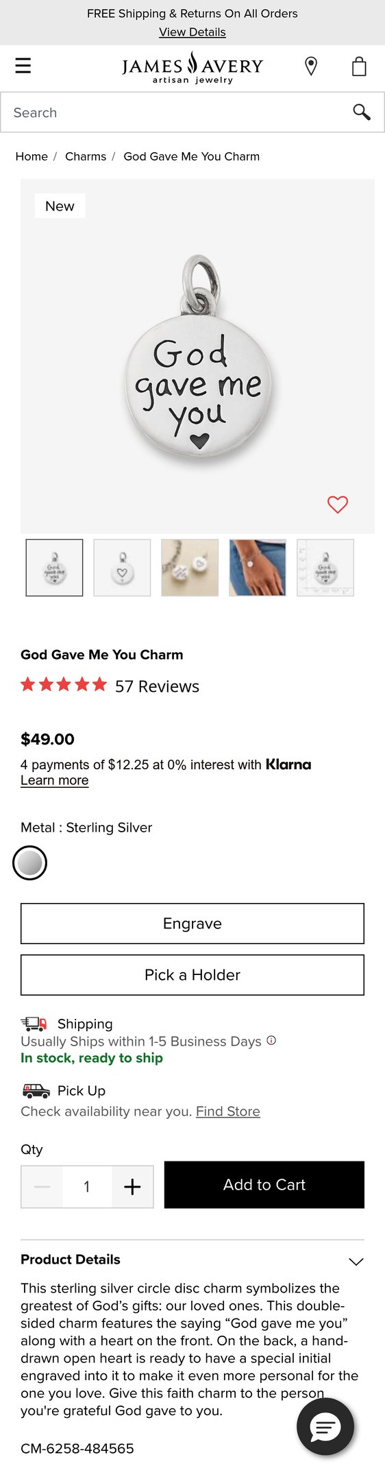 Buy God Gave Me You Charm for USD 49.00 | James Avery